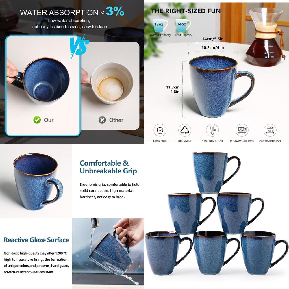 Coffee Tea Gift Set - Set of 6 Large Blue Ceramic